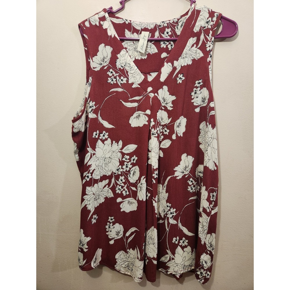 Allison‎ Joy Womens Burgundy Floral V-Neck Sleeveless Blouse Split Back Medium